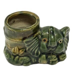 Majolica Ceramic Planter Vase With Figural Elephant Animal Vintage 5”W 3”T